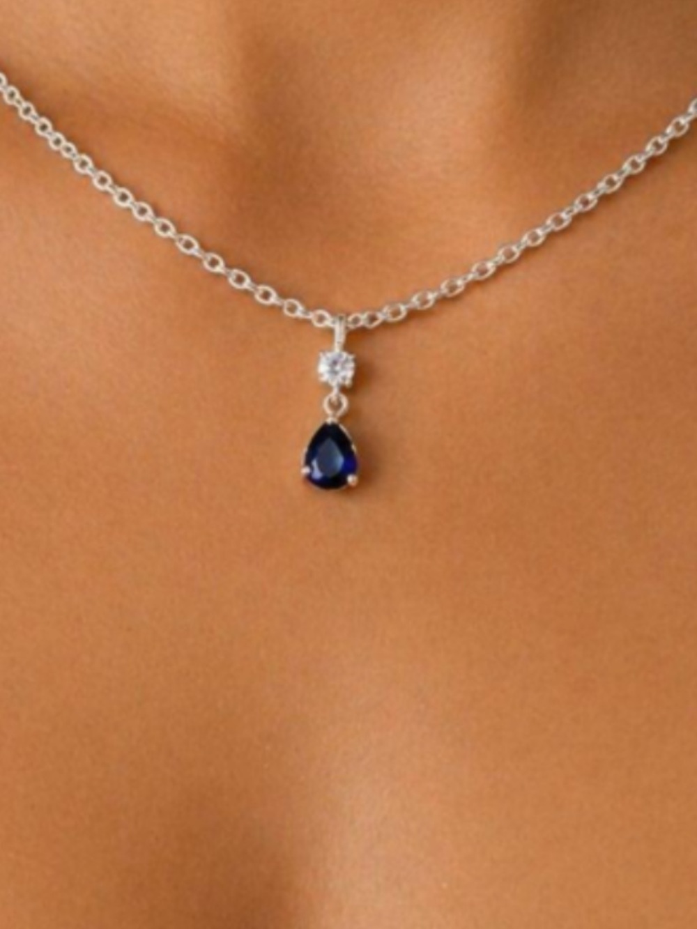 Swarovski Crystal . Teardrop Sapphire Pendant Necklace - Blue